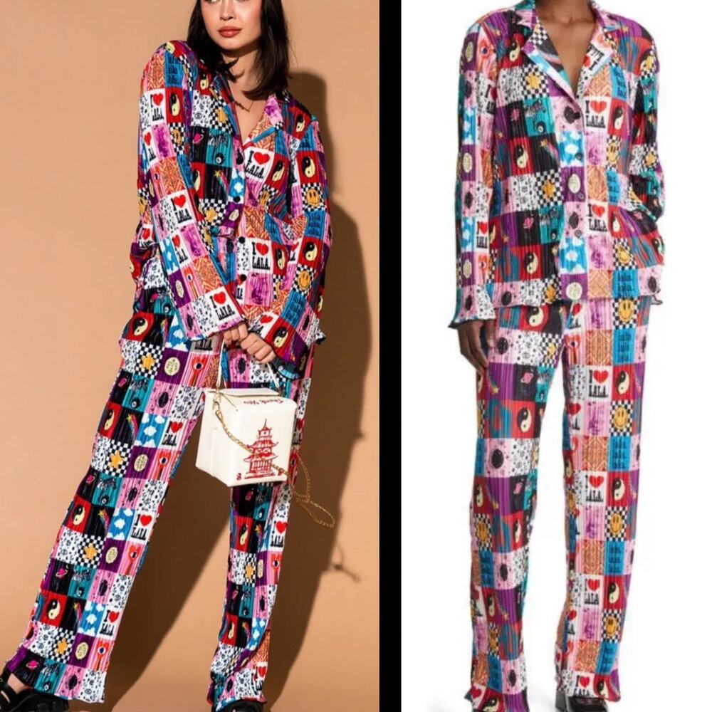 Women's Multi-Color Patchwork Satin Pajama Set